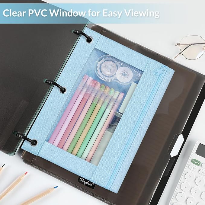 3 Ring Pencil Pouch for Binder, Zipper Pencil Case with Clear Window, Durable Binder Pencil Pouch for School Supplies, Fits Standard 3 Ring Binders, Organizer for Students, Teachers & Office Use
