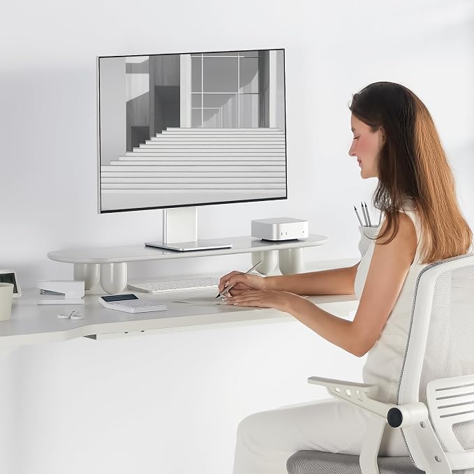 Fenge Computer Monitor Stand with Solid Beech Wood Legs, 34 Inch | All-White Finished Panell, 5-Min Tool-Free Assembly, Oval Monitor Riser for Art Spaces, Studios, Home Office