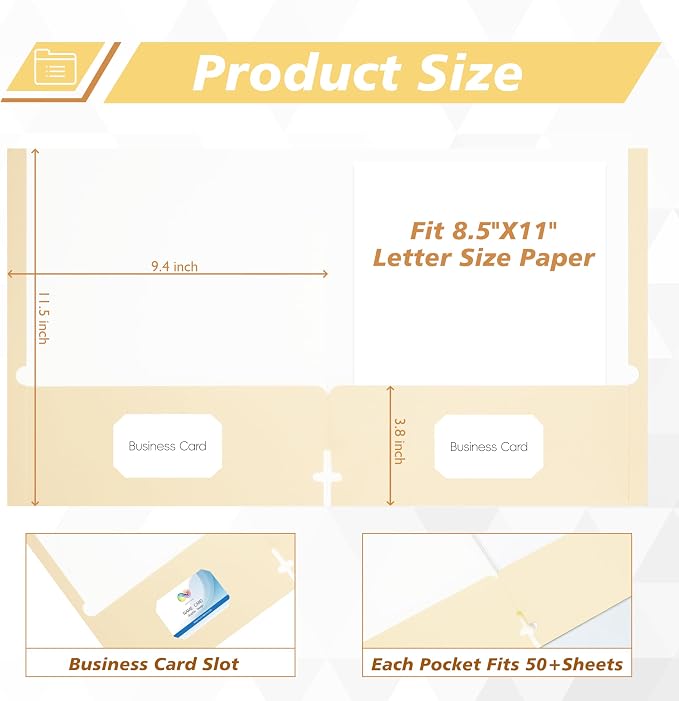 50 Packs Two Pocket Folders,Two Pocket File Folders with Business Card Slot,Beige,Letter Size,Paper Folders with Pockets for School Office Home Business