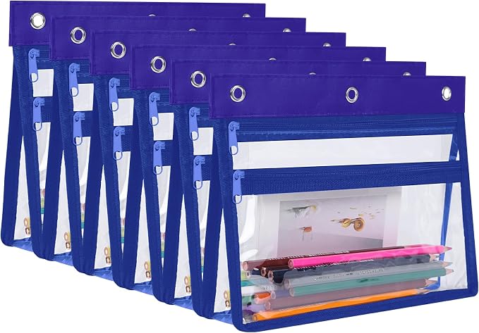 YoeeJob 6 Pack Zipper Pencil Pouches for 3 Ring Binder, 1.5 Inch Expandable with 2 Pockets and Clear Window for School and Office （Blue）