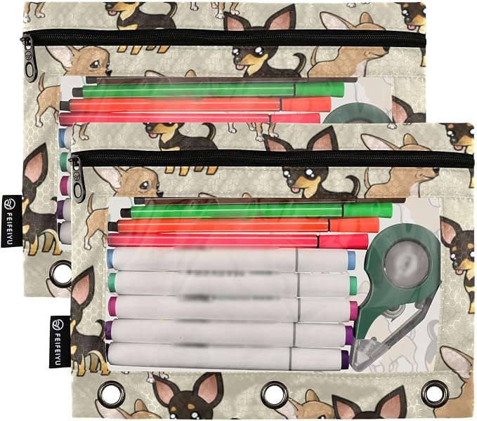 Chihuahua Puppy Pencil Pouches for 3 Ring Binder 2 Pack | Binder Pencil Case With Zipper Reinforced GrommetsPencil Bags for Office Organizers