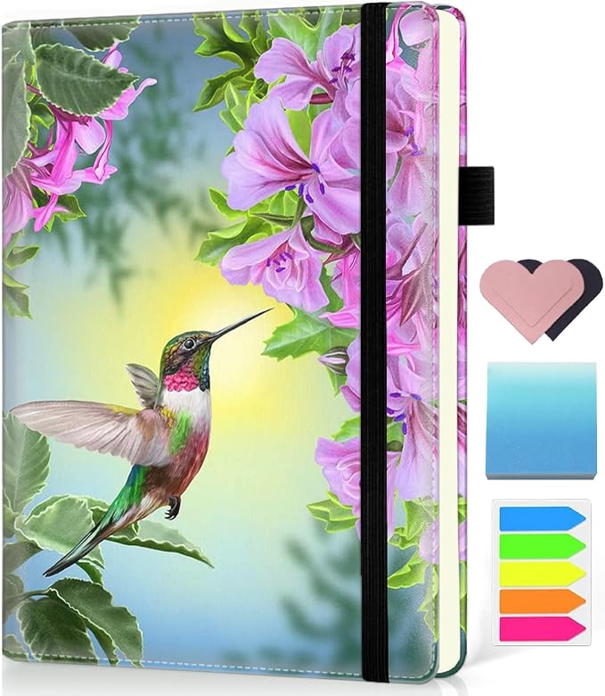 Hardcover Executive Notebooks, A5 PU Leather Lined Journal Notebook, 200 Pages Thick Paper Subject Notebooks for School,Work,Home Writing Business Notebook, Diary Book ，Hummingbird and Flower
