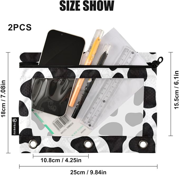 ALAZA Pencil Pouch for 3 Ring Binder, Black and White Cow Doodle Print Binder Pencil Pouches with Clear Window Zipper Pencil Case Cosmetic Bags for Office College Supplies, 2PCS