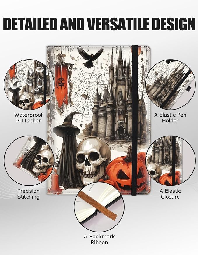 Hardcover Executive Notebooks, A5 PU Leather Lined Journal Notebook, 200 Pages Thick Paper Subject Notebooks for School,Work,Home Writing Business Notebook, Diary Book ，Halloween Castle