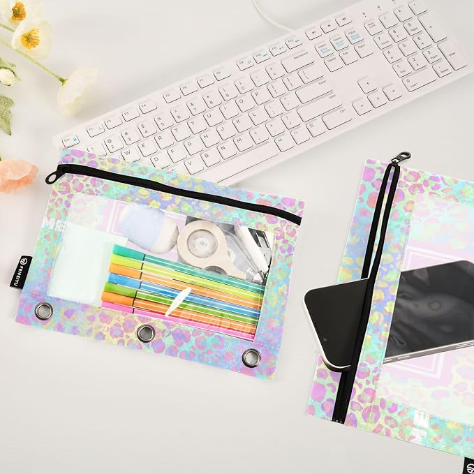ALAZA Pencil Pouch for 3 Ring Binder, Rainbow Leopard Print Rose Gold Cheetah Custom Binder Pencil Pouches with Clear Window Zipper Pencil Case Cosmetic Bags for Office College Supplies, 2PCS