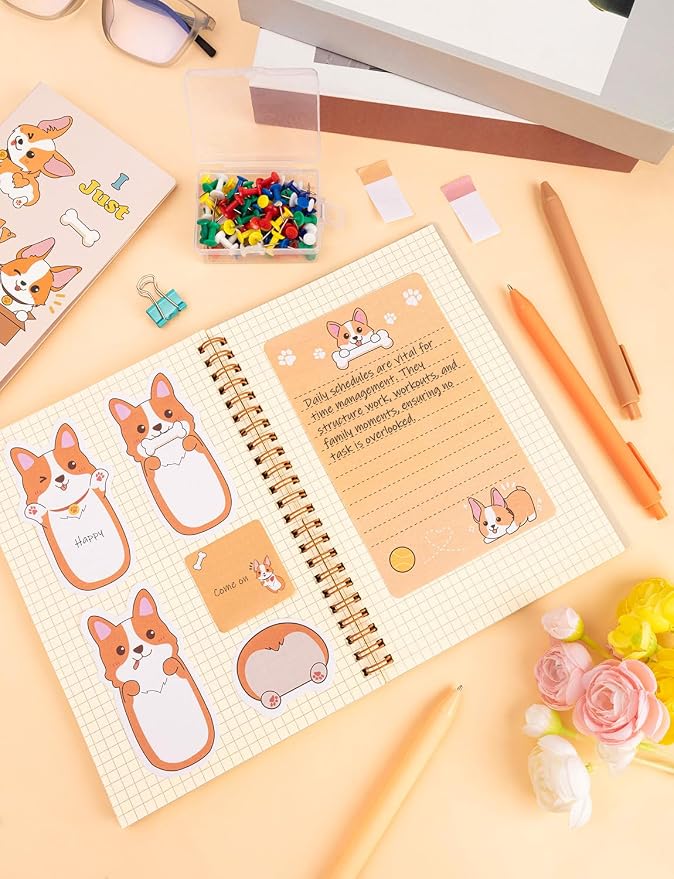 Corgis Sticky Notes Corgi Gifts for Corgi Lovers, Cute Cartoon Dog Post It Notes with 3 Point Pens, Self-Adhesive Writing Memo Pages Back to School Office Supplies