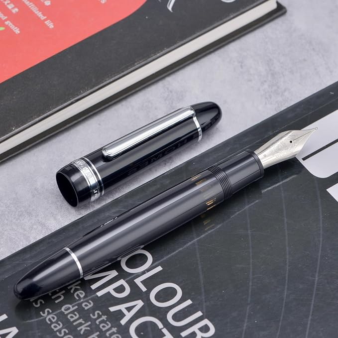 Yongsheng Junlai 930 Acrylic Fountain Pen, Size 9 Medium Nib with Piston Filling System, Piano Black Fence Ink Tank with Torpedo Shape Design Large Hand Pen (Silver Trim)
