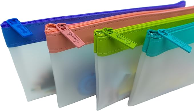 Decorably 4 Pack Clear Pencil Pouches with Zipper, 8.5x4.25in TPU | See-Through Pencil Case & Pen Bag in 4 Colors for School Supplies, Cosmetics, Makeup & Travel - Pouch for Girls & Teens