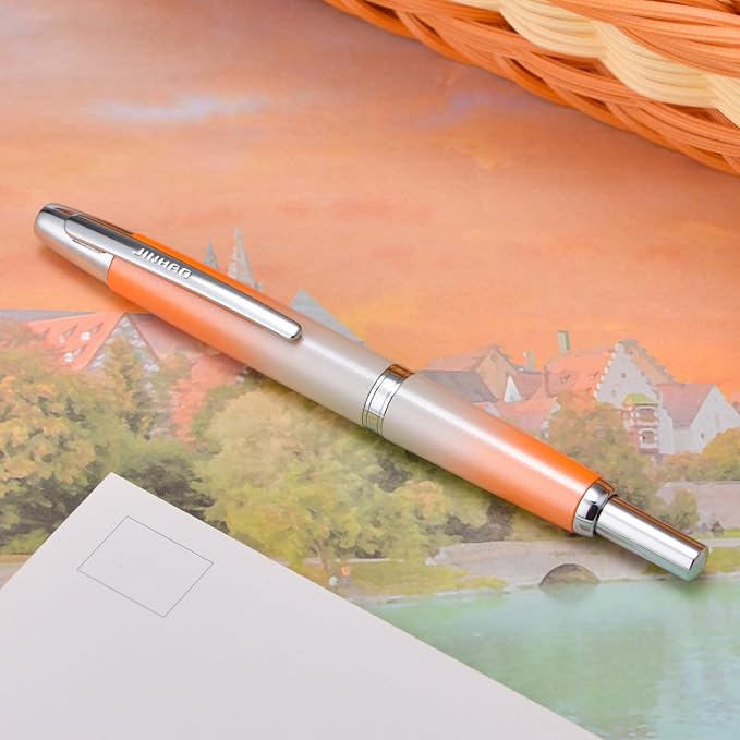 Jinhao 10 Press Fountain Pen with Box, Gradient Light Orange Retractable Fine Nib with Ink Converter Set (Silver Clip)