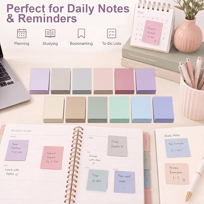 Fainne 120 Pads Sticky Notes Bulk 1.5 x 2 Inch Mini Self Stick Note Small Assorted Bright Colors Paper Memo for Office School Notebook Supplies 50 Sheets/pad (Simple Style,Soft Color)