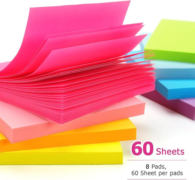Early Buy Sticky Notes 3 in x 3 in, 8 Bright Color 8 Pads, 60 Sheets/Pad
