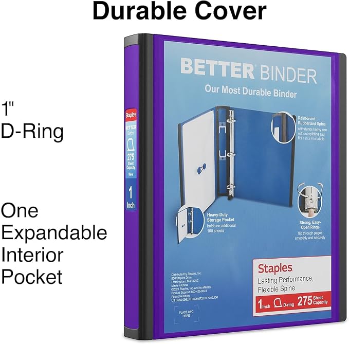 Staples 1-Inch 3-Ring Better Binder, Durable View Binder for Office & School Organization, Purple, 3-Pack