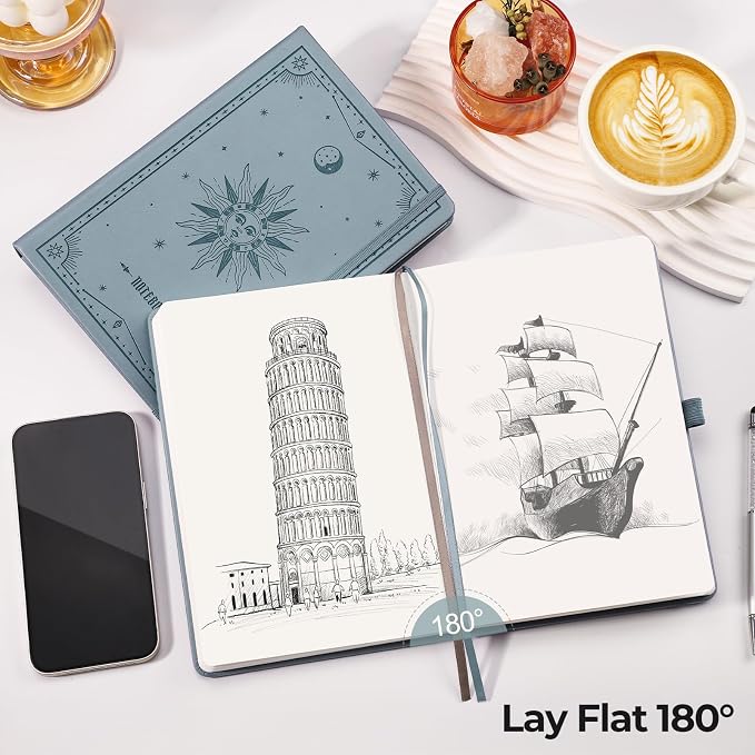 EMSHOI Blank Journal Notebook, 320 Pages, A5 Size (5.7'' x 8.3'') | Leather Hardcover, 100 GSM Thick Paper, Unlined, Plain, for Sketching, Drawing, Painting, Sun Debossed (Gray Blue)