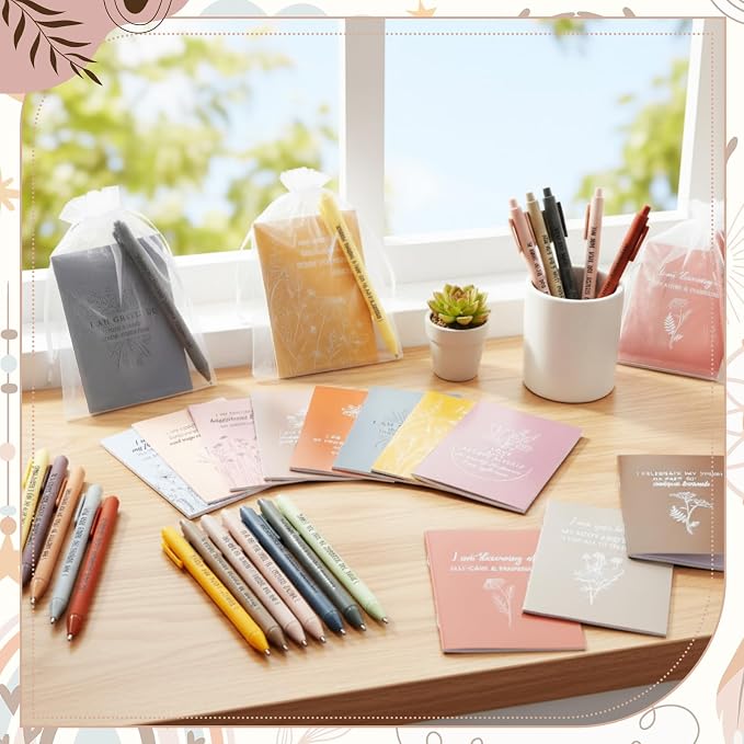 Mooliwe 48 Pcs Positive Affirmation Gift Set Gratitude Notebooks with Pens Small Bags Motivational Encouragement Notepads Daily Affirmations Journal for Women Stress Relief Self Care (Fresh)