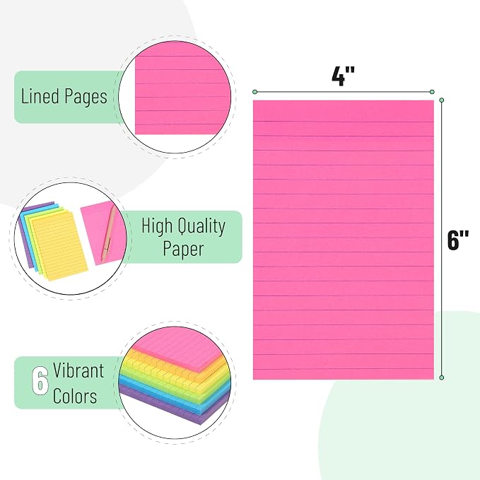 Mr. Pen- Lined Sticky Notes, 4" x 6", 6 Pads, 45 Sheets/Pad | Sticky Notes with Lines, Ruled Post Stickies, Memo Pads, Self-Stick Note Pad for Office, School, Home, Study