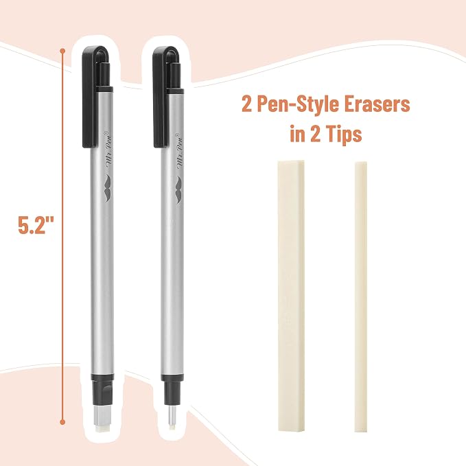 Mr. Pen- Pen Style Eraser Set, 2 Pack, Square & Round Tip | Precision Pencil Erasers, Retractable Silver Eraser Pens for Drawing, Sketching, Detail Correction, Office & School Supplies