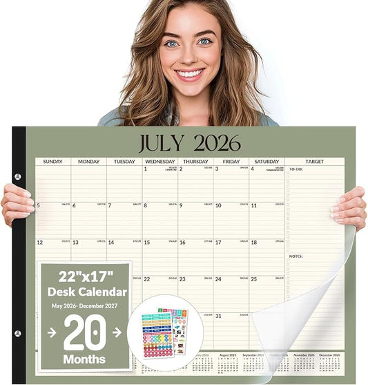 Forvencer Desk Calendar 2026-2027, 20 Months Calendar Runs from May 2026 to December 2027, 22" x 17" Large 2026 Desk Calendar Monthly Planner with Plastic Cover for Home School Office, Green