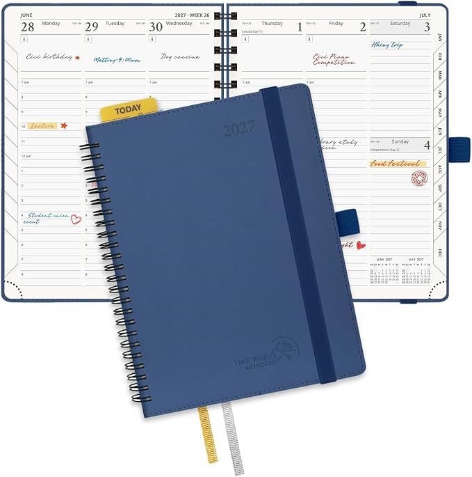 POPRUN 2027 Planner, 6.5'' x 8.5'', Weekly and Monthly Daily Calendar Book | 2027 Agenda(Jan - Dec) Appointment Book with Hourly Time Slots, Monthly Tabs, 100GSM, Spiral Leather Cover - Navy Blue