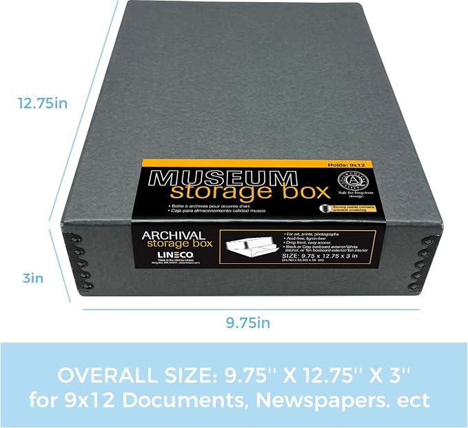 Lineco Drop Front Archival Storage Box, 9.75x12.75x3 in, Gray, 2 Pack | Acid-Free with Metal Edge, Preserves Picture Longevity, Organize Photos, Newspapers, Prints, Documents, Crafts, DIY