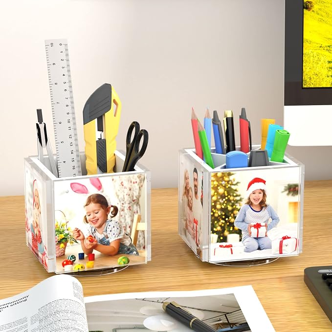 HIIMIEI Acrylic Picture Frames for Desk, 4-side Photo Cube for Home, Office | 360° Rotating Desktop Organizer, for Pencil, Makeup Brushes, White, 4"x 4"