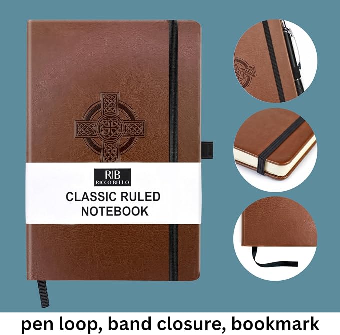 RICCO BELLO Lined Journal Notebook, Celtic Cross | Faux Leather Hardcover, With Pen Holder, 96 Sheets/192 Pages, College Ruled, 5.7 x 8.4 Inches