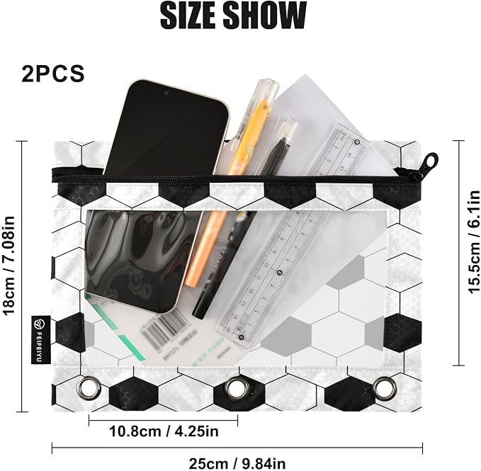 Gredecor 3 Ring Binder Pencil Pouch, Classic Soccer Ball Zippered Pen Case Pouches with Clear Window, 2 Pack Stylish Office & School Supplie