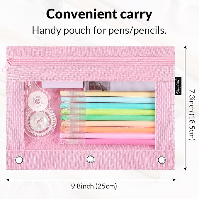 SKYDUE Pencil Pouch for 3 Ring Binder, 3 Ring Zipper Pencil Case with Clear Window, Large Binder Pencil Pouch with Grommets, Three Hole Pencil Holder for School(2 Pack)