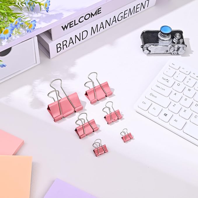 Temiary Aesthetic Binder Clips, Small Metal Binder Clip with Clear Storage Container, Binding Paperwork Clamps for School Teachers Office Supplies (Pink 0.75 Inch, 40P)