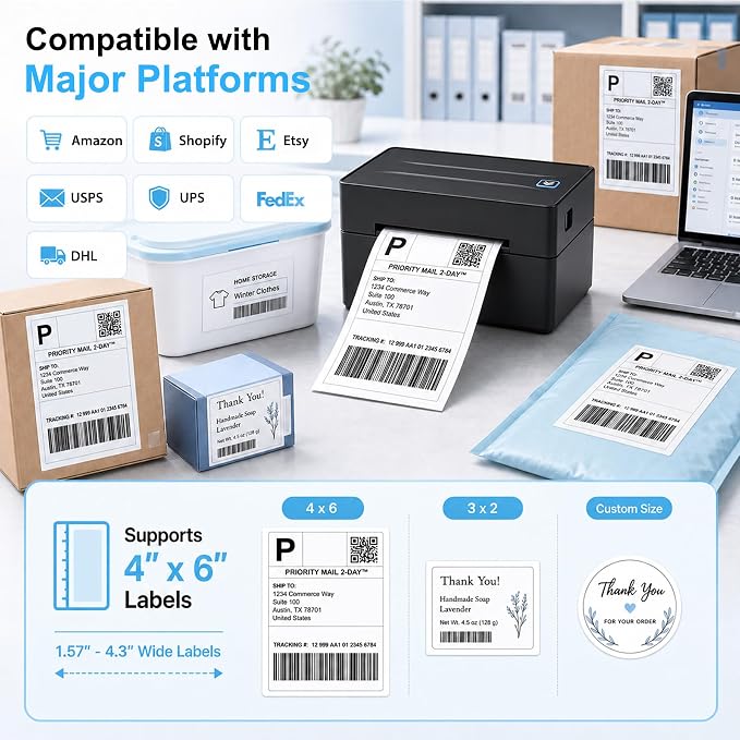 Thermal Shipping Label Printer 4x6 Bluetooth Label Maker for Small Business | Wireless Mailing Shipping Printer for USPS UPS Amazon Shopify Etsy - Compatible with iPhone Android Windows & Mac (Black)