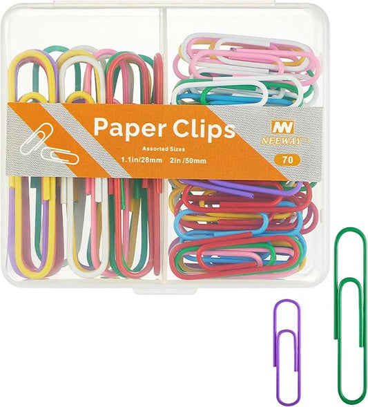 NEEWAY Colorful Paper Clips Assorted Sizes, Small and Large Paper Clips, 70 Count (Multicolor)