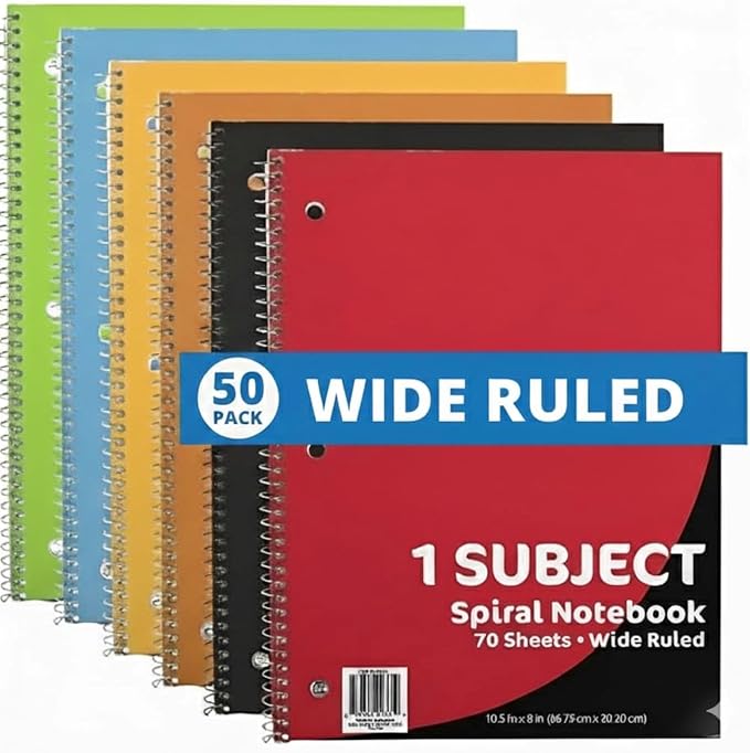 Trail maker Bulk Notebooks (50 Pack), One Subject Notebooks Wide Ruled, 140 Pages (70 Sheets),Spiral Bulk Notebooks for Kids, School Supplies, Journaling, Note Taking, Students, and Work