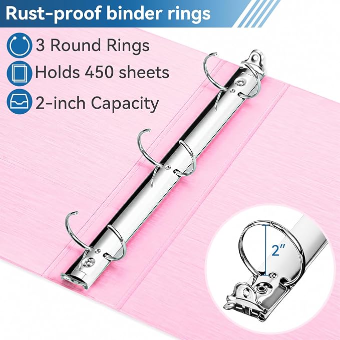 SUIN 2-Inch 3-Ring Binders with 2 Interior Pockets, Heavy Duty Clear View Presentation Binder Holds 425 Sheets Letter Size, Office School Home,6 Pack (Brushed Pastel)