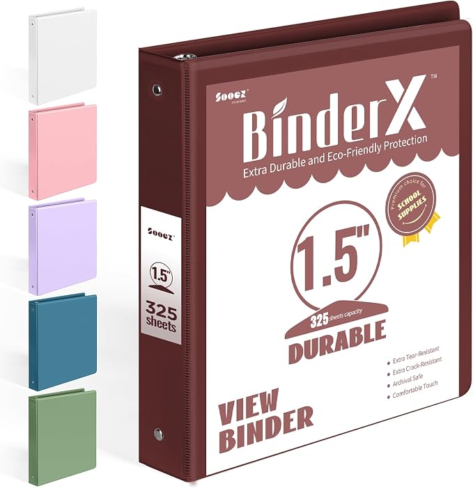 Sooez BinderX Extra Durable 3 Ring Binder, Round Ring Binders, Fits 8.5x11 Paper, Customizable View Cover with Inside Pockets, Cute Binder, 1.5", Burgundy Red
