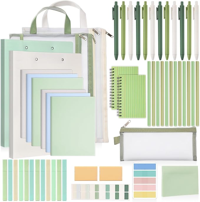 Colarr 54 Pcs Aesthetic College School Supplies Back to School Set,Green | 3 A5 + 3 B5 Lined Notebook, 12 Gel Pen, 12 Pencil, 12 Highlighter, Sticky Tabs, Folder Storage Bag, Journal Stationery Set