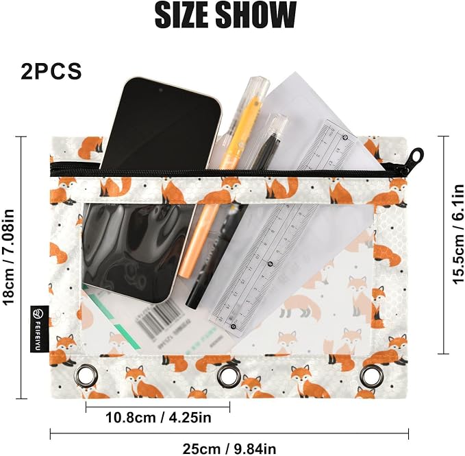 ALAZA Pencil Pouch for 3 Ring Binder, Cute Foxes Polka Dot Cartoon Binder Pencil Pouches with Clear Window Zipper Pencil Case Cosmetic Bags for Office College Supplies, 2PCS