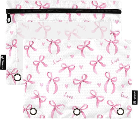 Pink Bow B Pencil Pouch for 3 Ring Binder 2 Pack Zipper Binder Pencil Bag Case with Clear Window Office Supplies