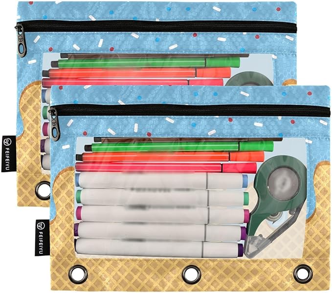 ALAZA Blue Ice Cream Pencil Pouch for 3 Ring Binder 2 Pack Zipper Binder Pencil Bag Case with Clear Window Office Supplies