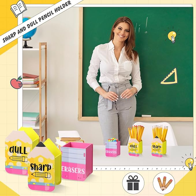 DoubleFill 3 Pcs Sharp and Dull Pencil Holder Eraser Buckets Wooden Shaped Dispenser for Back to School Teachers Classroom Management(Cute Circle)