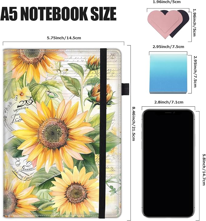 Hardcover Executive Notebooks, A5 PU Leather Lined Journal Notebook, 200 Pages Thick Paper Subject Notebooks for School,Work,Home Writing Business Notebook, Diary Book ，Retro Sunflowers
