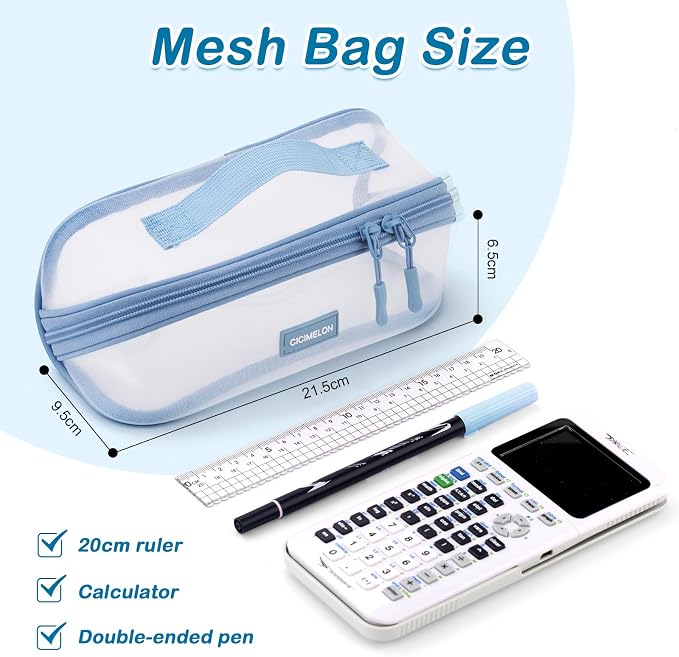 CICIMELON Transparent Mesh Pencil Pouch with Handle Big Case Clear Pen Bag College Essentials School Supplies, Light Blue