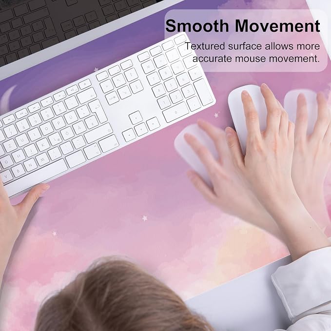 Colorful Star Pink Purple Cute Waterproof Desk Mat, 31.5" x 11.8" | Large Office Mouse Pad for Girls Women, Non-Slip Computer Gaming Keyboard Mat, Desk Accessories Décor for Work