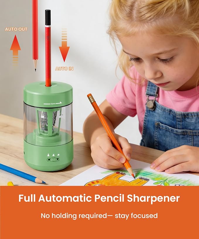 Electric Pencil Sharpener for Classroom, Fully Automatic Pencil Sharpener for 6-8mm Pencils & Colored Pencils, Auto in & Out, Type-C Rechargeable Pencil Sharpeners for Home, School, Green