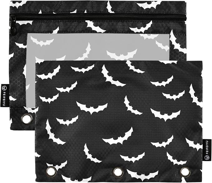 Bats Halloween Goth Pencil Pouches for 3 Ring Binder 2 Pack | Binder Pencil Case With Zipper Reinforced GrommetsPencil Bags for Office Organizers