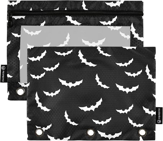 Bats Halloween Goth Pencil Pouches for 3 Ring Binder 2 Pack | Binder Pencil Case With Zipper Reinforced GrommetsPencil Bags for Office Organizers