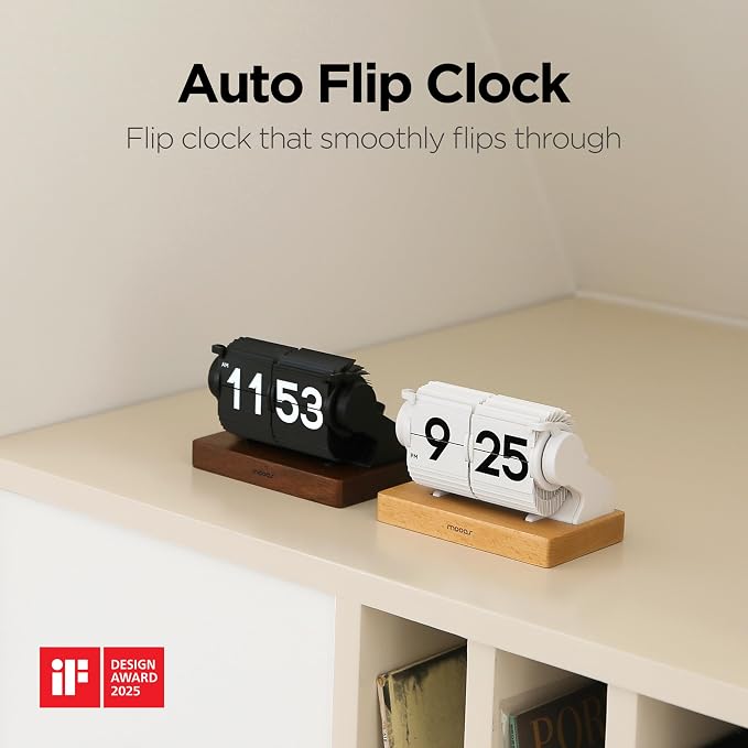 mooas Automatic Mini Flip Clock, Rechargeable, Timer/Alarm/Calendar (White) | Retro Vintage Design, Automatic Flip Desk Clock, USB-C Charging, Interior Objet for Home Office Living Room Hotel Café