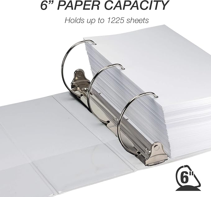 Samsill Durable 6 inch 3 Ring Binder, Locking D Ring Binder, Customizable Clear View Cover, White, 6-Pack, Holds 1225 Pages
