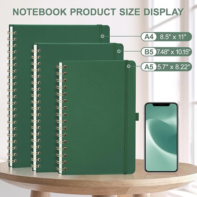 AHGXG Lined Spiral Journal Notebook, 110 Pages, A4 (8.5" x 11") | Journals for Women, Hardcover Leather Notebook College Ruled, 100 GSM Paper, for Work School Note Taking (Dark green)