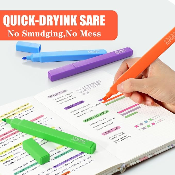 Vitoler Highlighters, Assorted Colors,Dry Fast,Chisel Tip,8Pcs | cute bright colol,high quality for bible study,books,journal,writing,school office