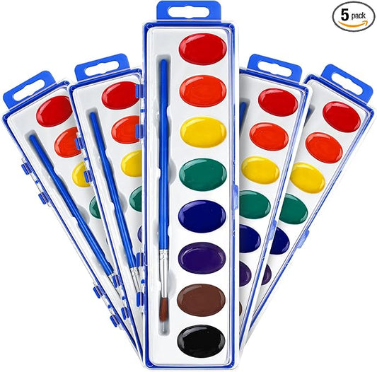 FUMILE Watercolor Paint Set Bulk, 5 Pack, 8 Colors Watercolors Paint with Paintbrush, Washable Watercolor Paint Set Kids for Parties, Birthday Party Favor, Valentines for Kids Classroom.