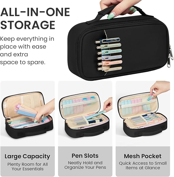 Cute Pencil Case With Supplies, 39 PCS Aesthetic Stationery Set with Pencil Pouch, 6 Black Ink Gel Pens, 12 Pastel Highlighters, 5 #2 HB Pencils, 4 Mechanical Pencils, Back to School Supplies - Black